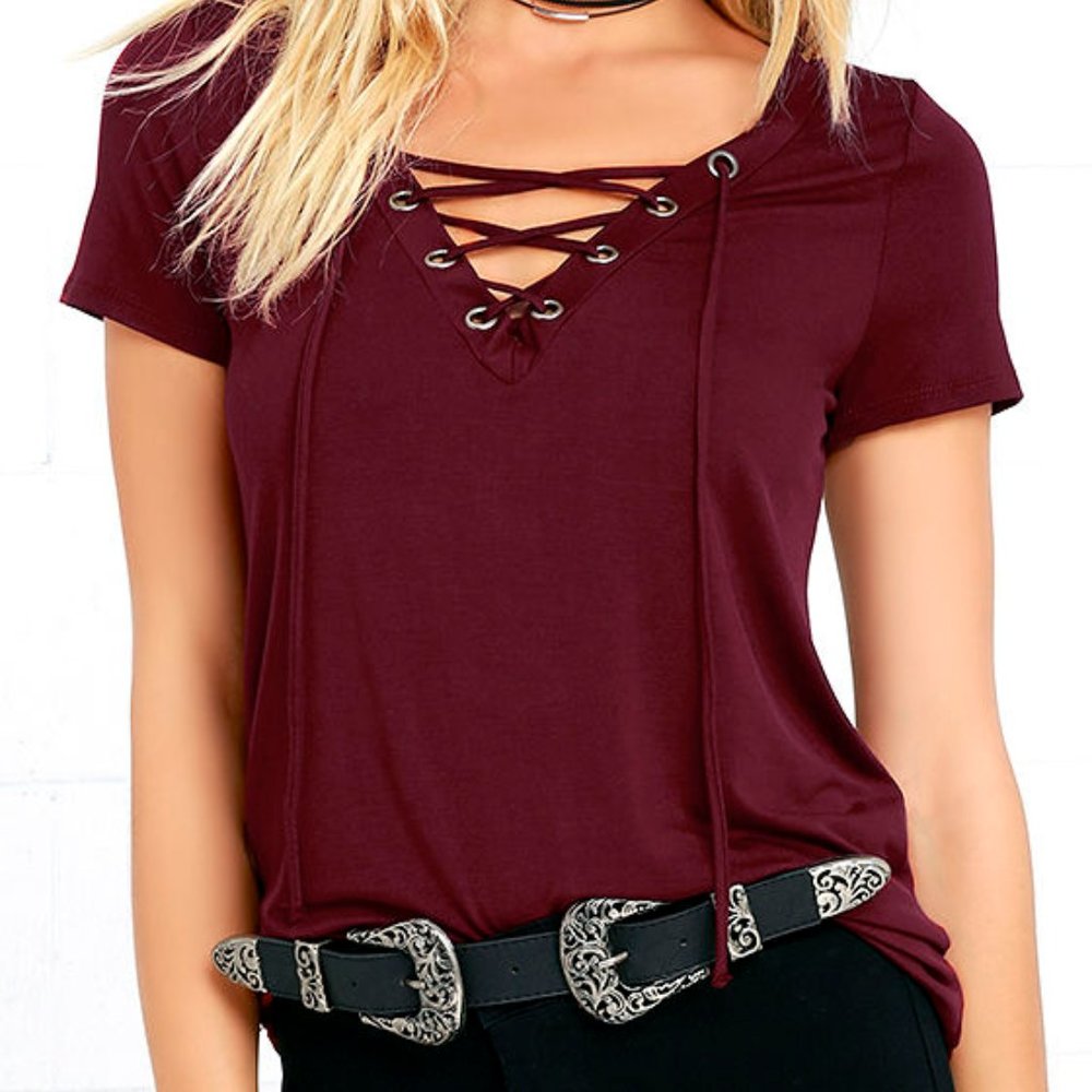 Lulu's Enjoy the Ride Wine Red Lace-Up Top XS